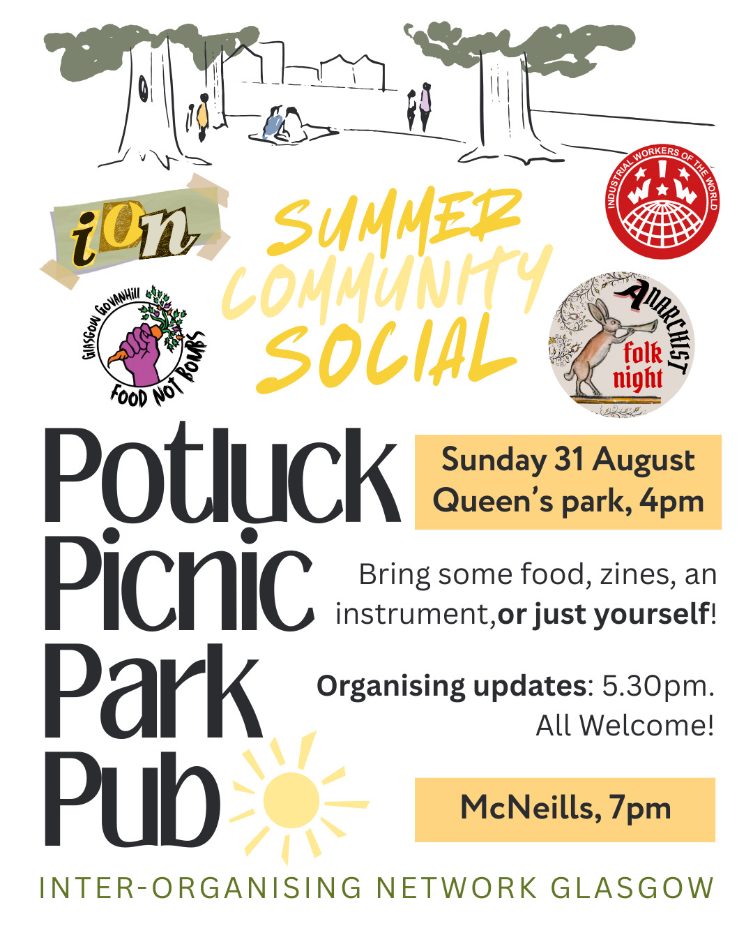 Summer Community Social, Potluck Picnic Park Pub, poster